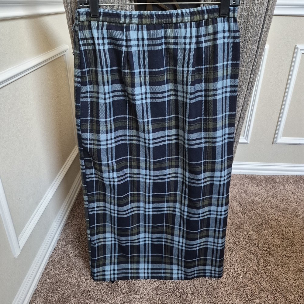Requirements Black, Light Blue & Olive Plaid Midi Wrap Pencil Skirt - Picture 4 of 12